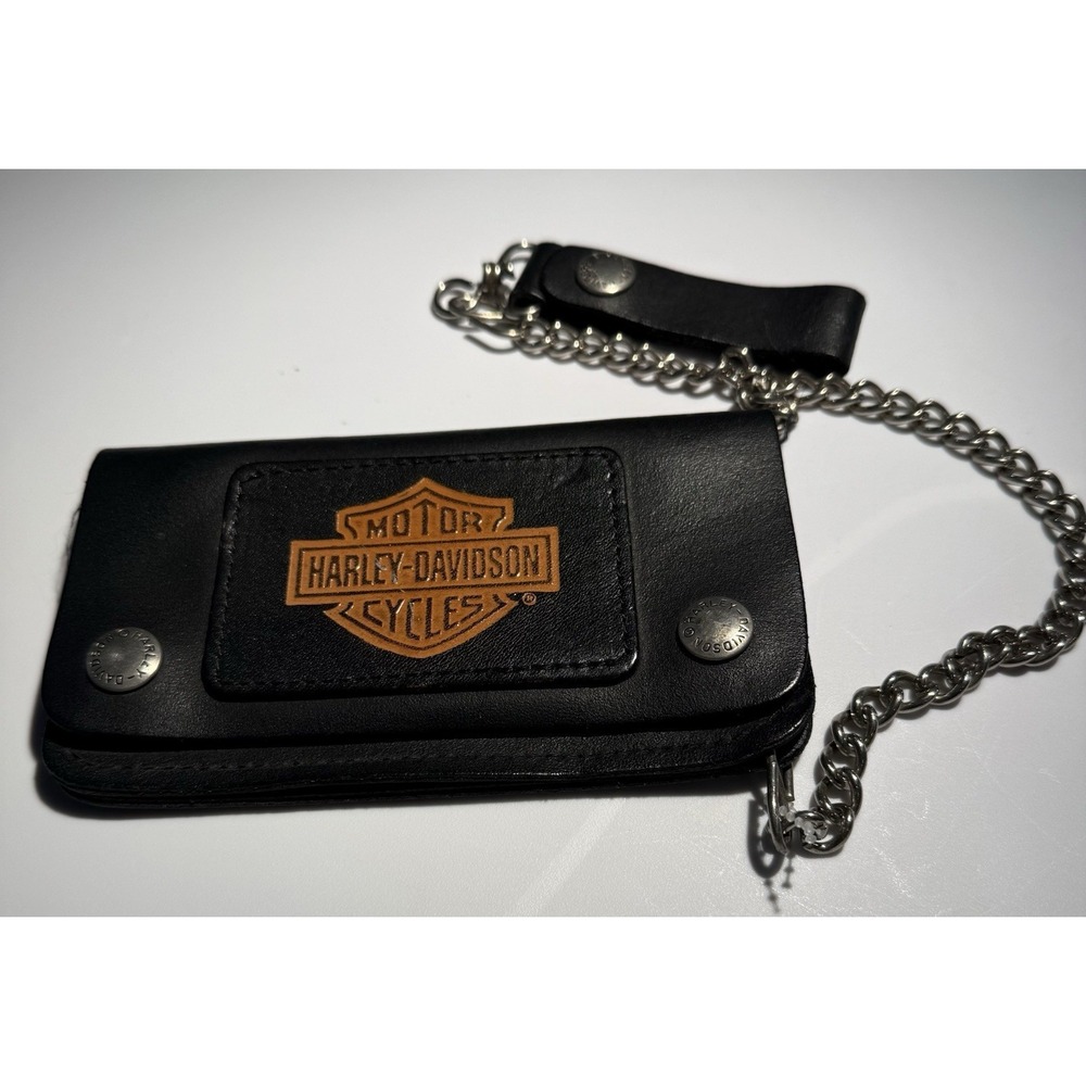 Harley-Davidson Chain Wallet Mens OS Black Leather Biker Bar & Shield Logo Snap